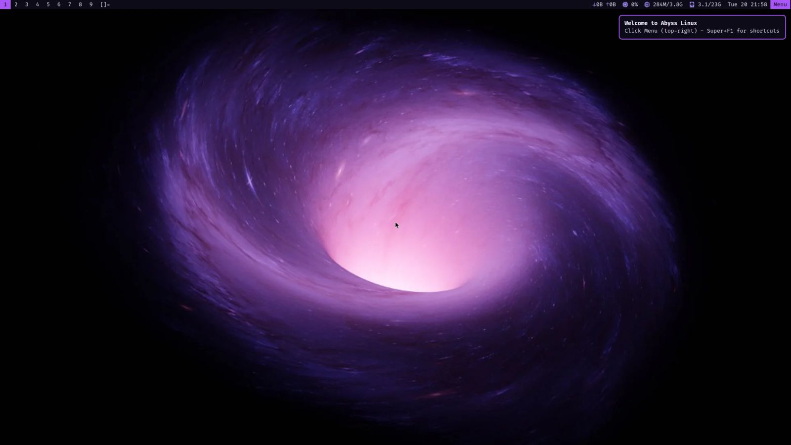 The Abyss Linux 27.1 desktop with a purple galaxy wallpaper, the dwm tag bar and status bar at the top, and a welcome notice pointing to the Menu and Super+F1