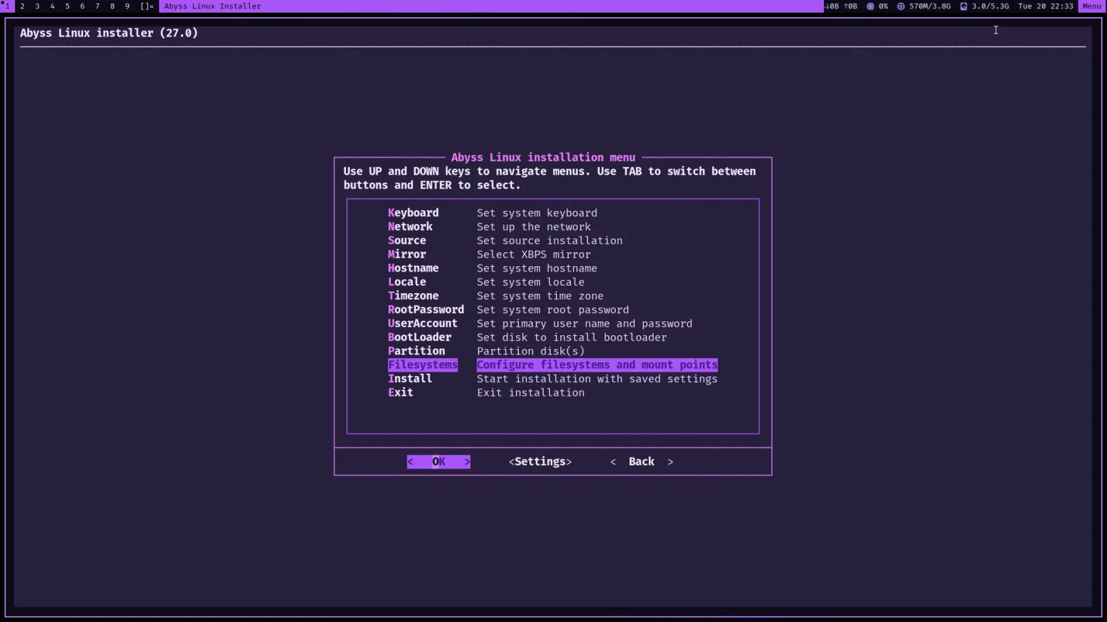 The Abyss installer, void-installer with the Abyss changes, shown in a dark terminal window