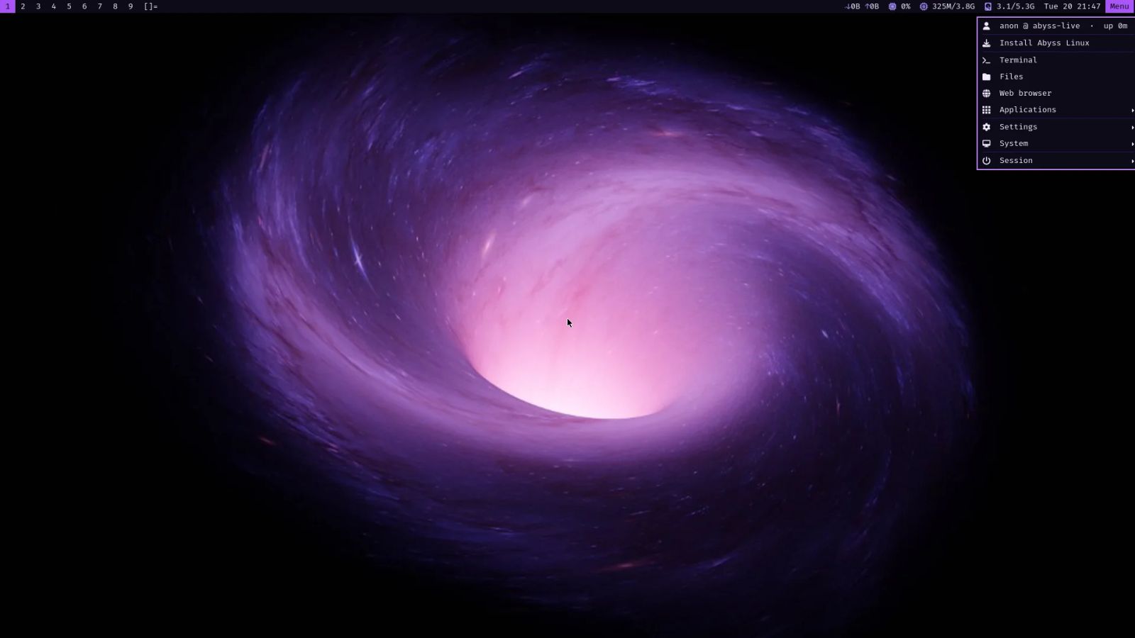 The Abyss menu open at the top right of the screen, listing Install Abyss Linux, Terminal, Files, Web browser, Applications, Settings, System and Session