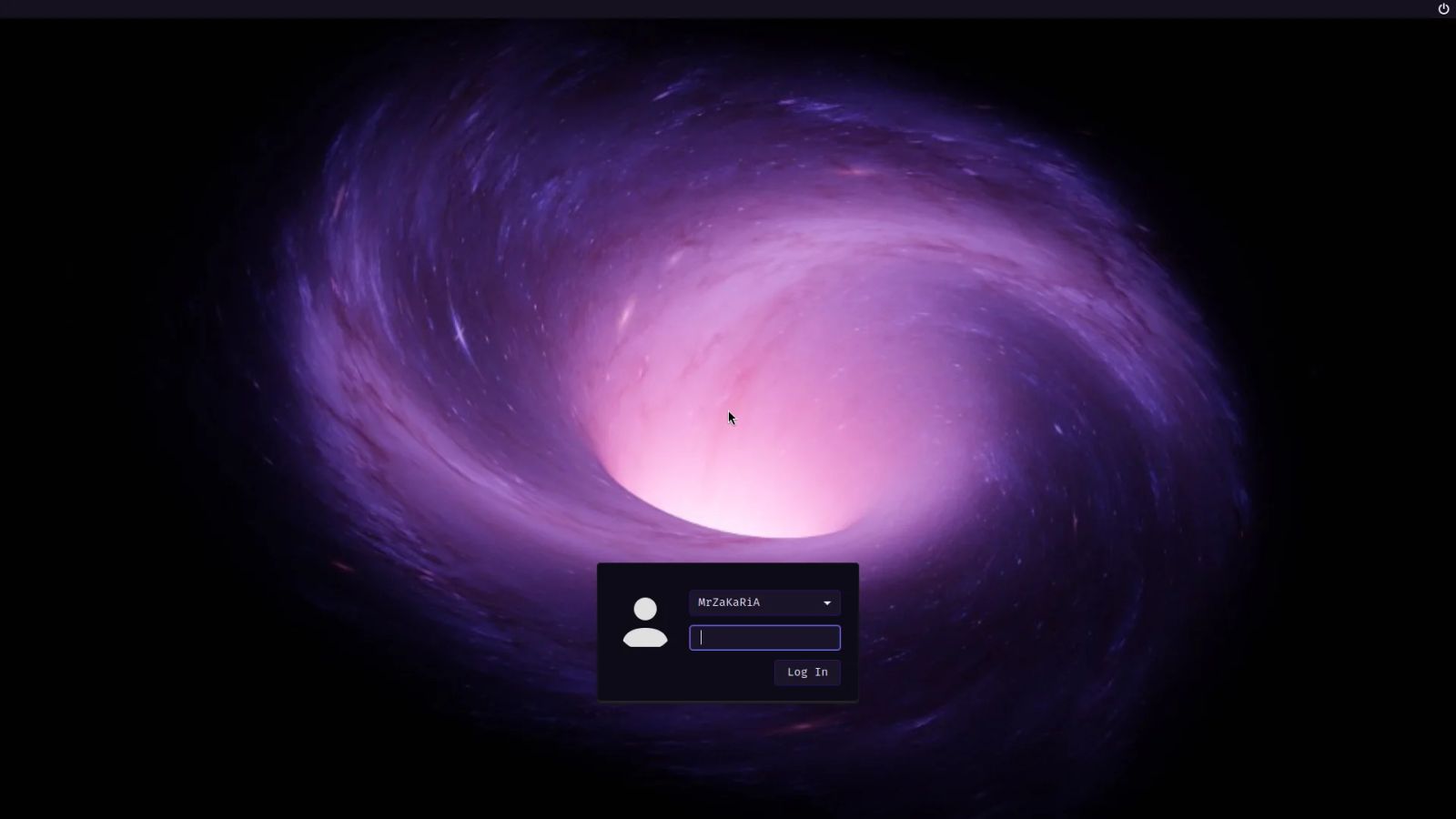 The Abyss Linux 27.1 login screen with the user MrZaKaRiA over a purple galaxy wallpaper
