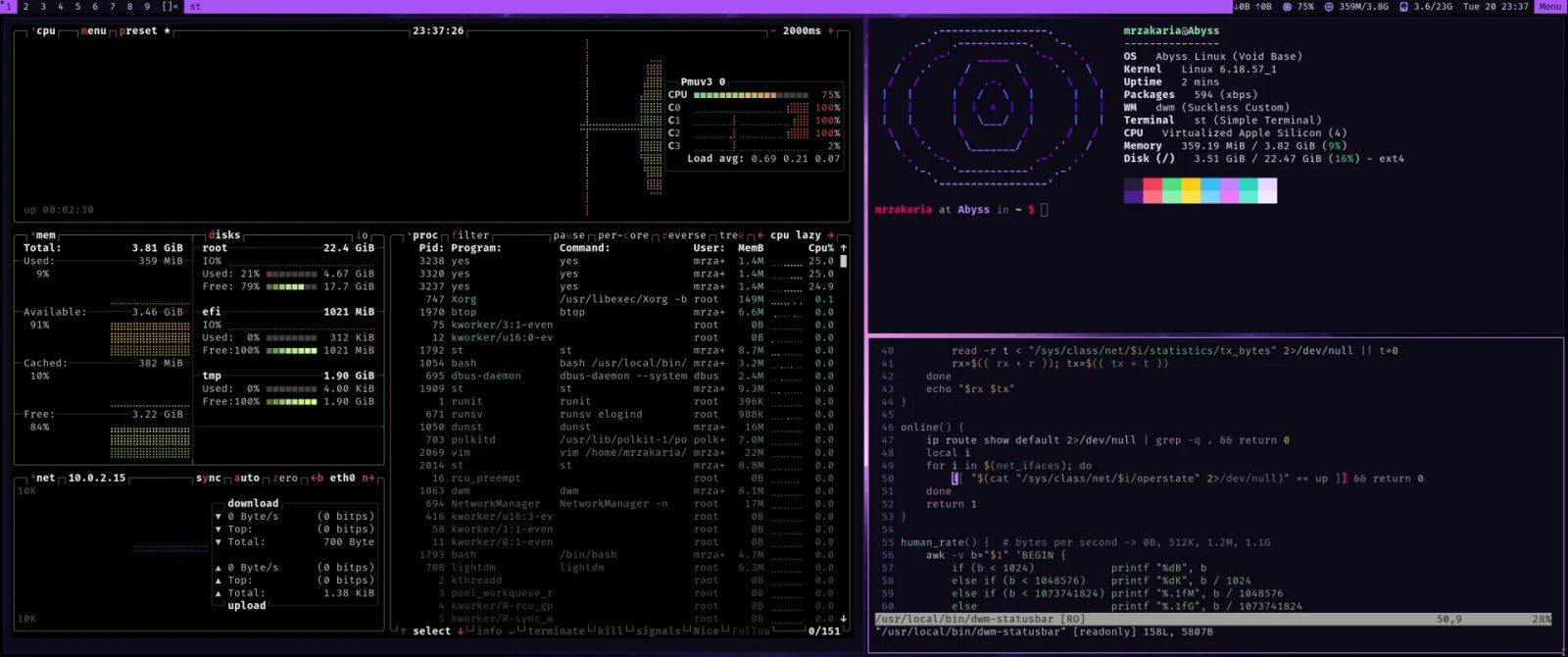 btop, a fetch panel showing Abyss Linux on a Void base with dwm and st, and a code editor