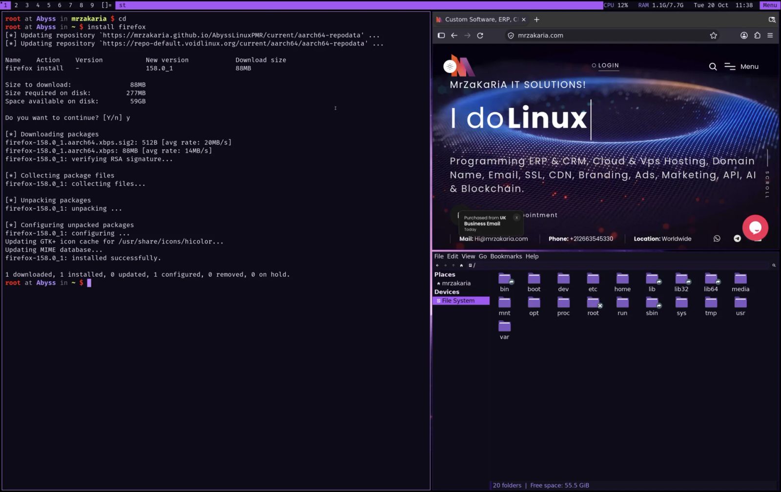 Abyss Linux as a guest: st installing Firefox with xbps, Firefox showing mrzakaria.com and a file manager, tiled by dwm